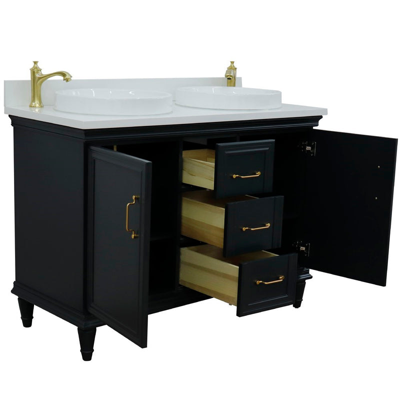Bellaterra Home 400800-49D-DG-WERD Forli 49" vanity, Dark Gray, white engineered stone top, angled view with doors open