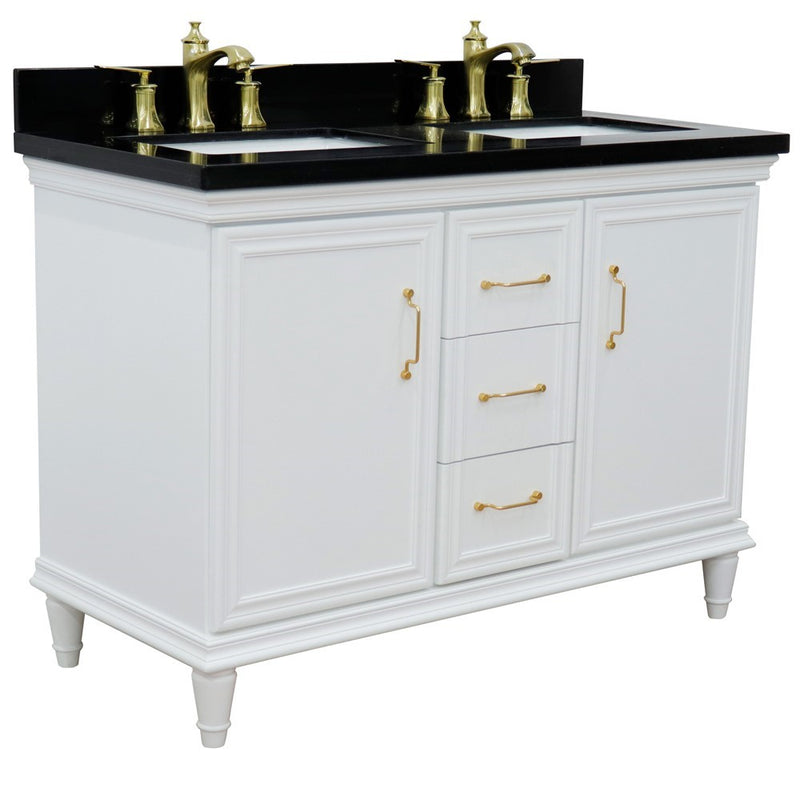 Bellaterra Home 400800-49D-WH-BGR Forli 49" vanity, White, Black Galaxy granite top, angled view with doors closed