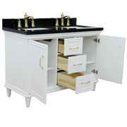 Bellaterra Home 400800-49D-WH-BGR Forli 49" vanity, White, Black Galaxy granite top, angled view with doors open showing the