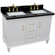 Bellaterra Home 400800-49D-WH-BGR Forli 49" vanity, White, Black Galaxy granite top, angled view on a white background