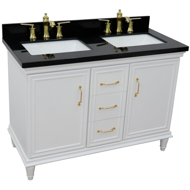 Bellaterra Home 400800-49D-WH-BGR Forli 49" vanity, White, Black Galaxy granite top, angled view on a white background