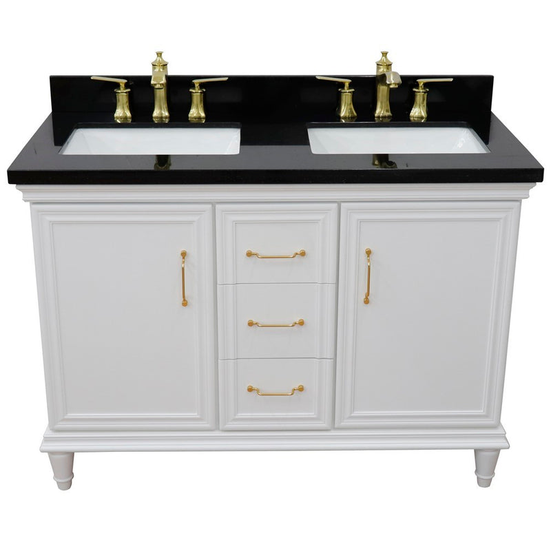 Bellaterra Home 400800-49D-WH-BGR Forli 49" vanity, White, Black Galaxy granite top, front view on a white background