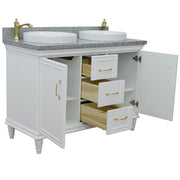 Bellaterra Home 400800-49D-WH-GYRD Forli 49" vanity, White, gray granite top, angled view with doors open showing the shelf