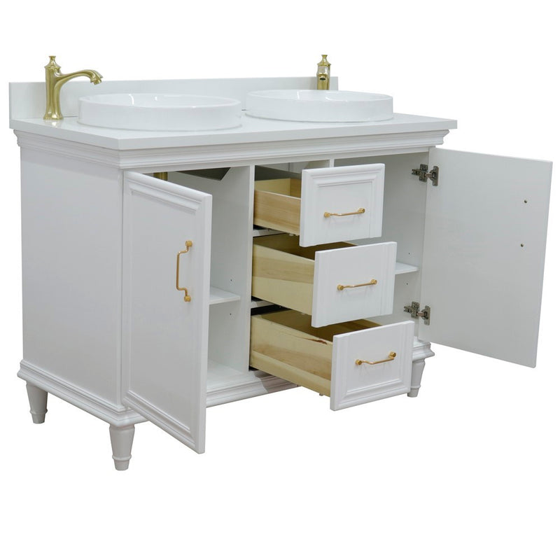 Bellaterra Home 400800-49D-WH-WERD Forli 49" vanity, White, white engineered stone top, angled view with doors open showing