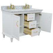 Bellaterra Home 400800-49D-WH-WMR Forli 49" vanity, White, White Carrara marble top, angled view with doors open showing the