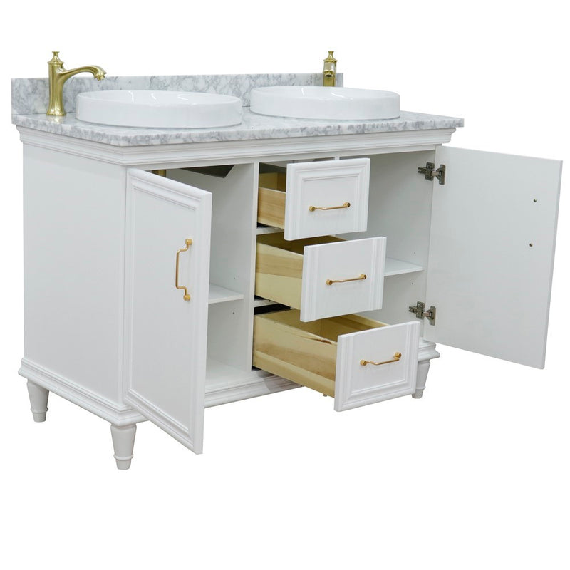 Bellaterra Home 400800-49D-WH-WMRD Forli 49" vanity, White, White Carrara marble top, angled view with doors open showing