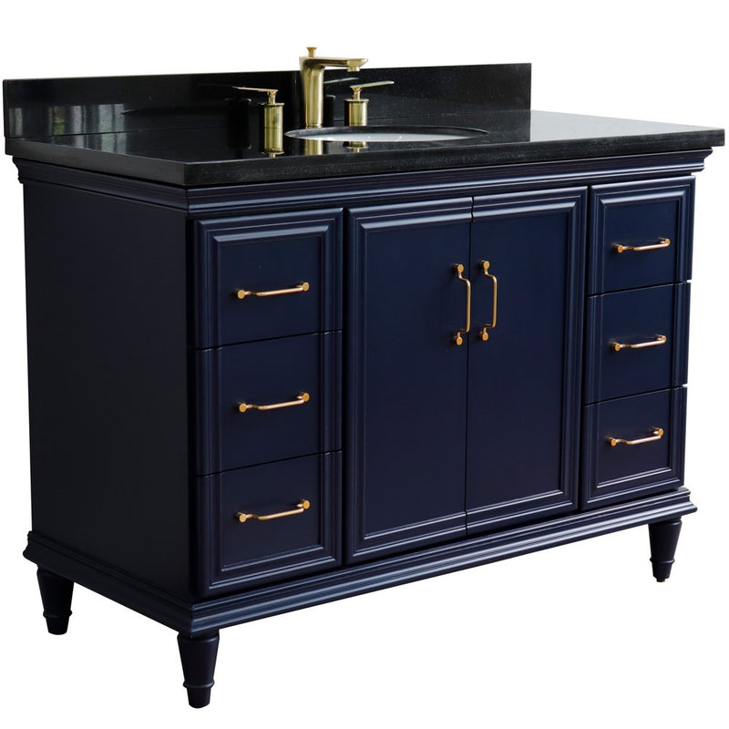 Bellaterra Home 400800-49S-BU-BGO Forli 49" vanity, Blue, Black Galaxy granite top, angled view with doors closed