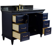 Bellaterra Home 400800-49S-BU-BGO Forli 49" vanity, Blue, Black Galaxy granite top, angled view with doors open showing the