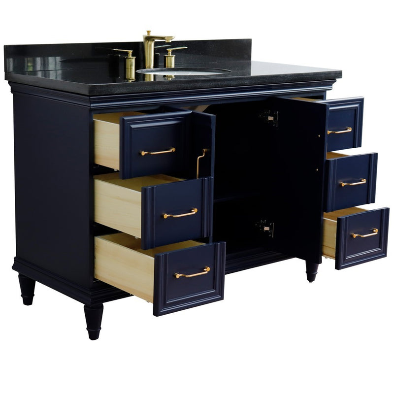 Bellaterra Home 400800-49S-BU-BGO Forli 49" vanity, Blue, Black Galaxy granite top, angled view with doors open showing the