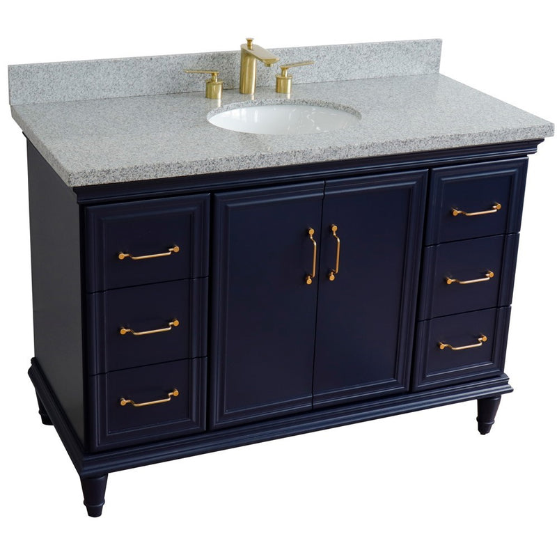 Bellaterra Home 400800-49S-BU-GYO Forli 49" vanity, Blue, gray granite top, angled view with doors closed