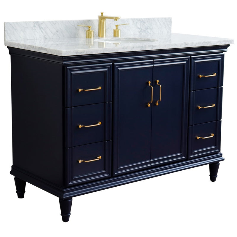 Bellaterra Home 400800-49S-BU-WMO Forli 49" vanity, Blue, White Carrara marble top, angled view with doors closed