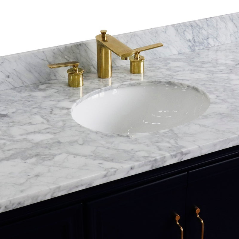 Bellaterra Home 400800-49S-BU-WMO Forli 49" vanity, Blue, White Carrara marble top, countertop and sink close-up