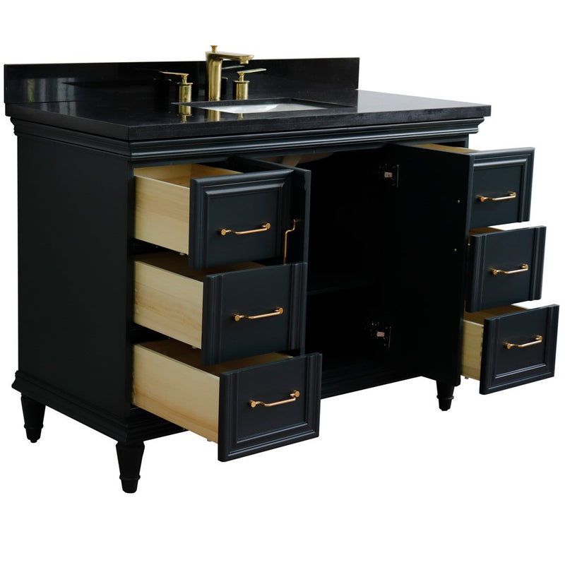 Bellaterra Home 400800-49S-DG-BGR Forli 49" vanity, Dark Gray, Black Galaxy granite top, angled view with doors open showing
