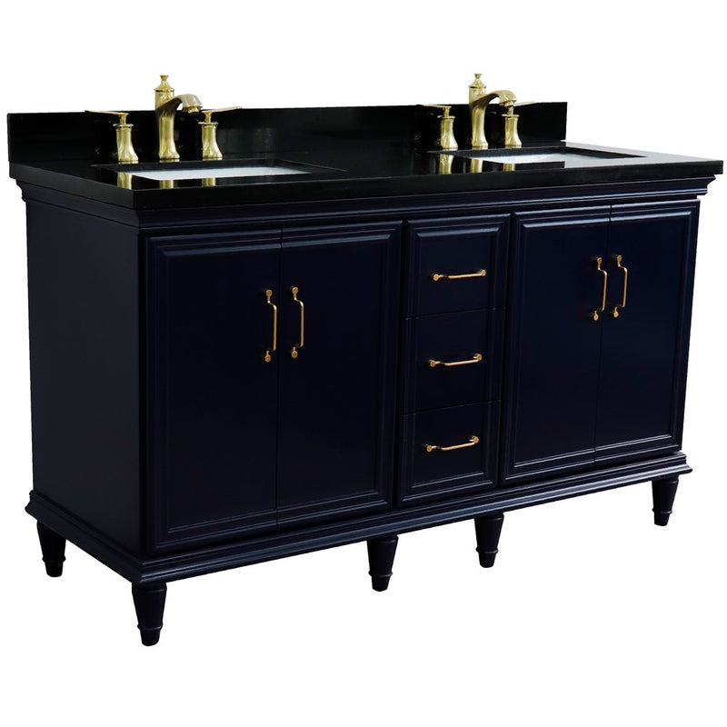 Bellaterra Home 400800-61D-BU-BGR Forli 61" vanity, Blue, Black Galaxy granite top, angled view with doors closed