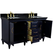 Bellaterra Home 400800-61D-BU-BGR Forli 61" vanity, Blue, Black Galaxy granite top, angled view with doors open showing the