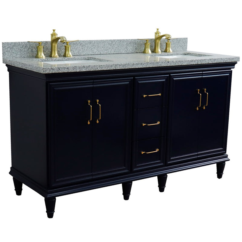 Bellaterra Home 400800-61D-BU-GYR Forli 61" vanity, Blue, gray granite top, angled view with doors closed