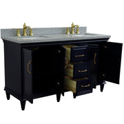 Bellaterra Home 400800-61D-BU-GYR Forli 61" vanity, Blue, gray granite top, angled view with doors open showing the shelf