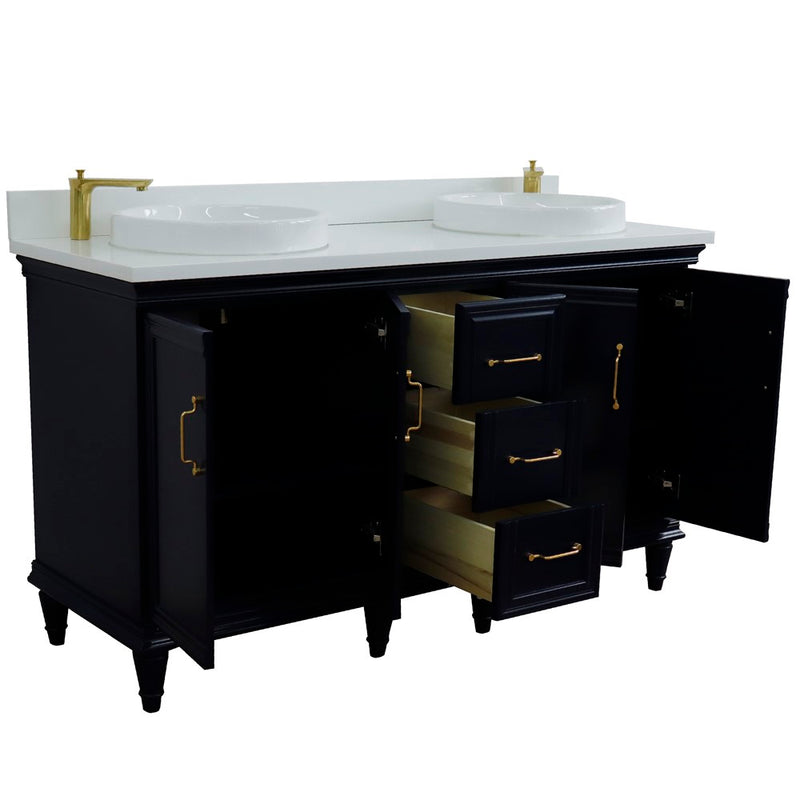Bellaterra Home 400800-61D-BU-WERD Forli 61" vanity, Blue, white engineered stone top, angled view with doors open showing