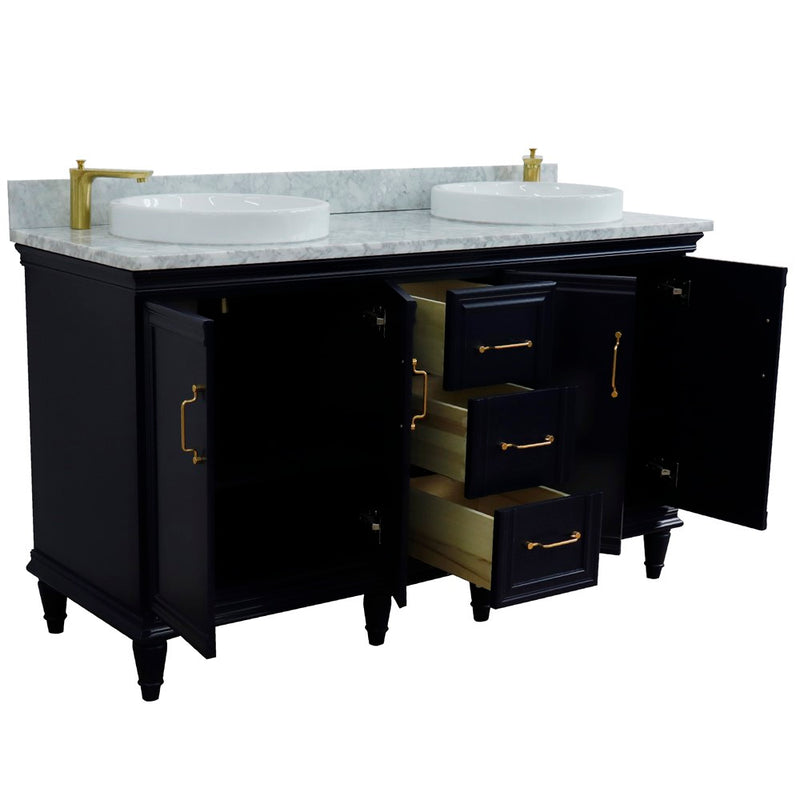 Bellaterra Home 400800-61D-BU-WMRD Forli 61" vanity, Blue, White Carrara marble top, angled view with doors open showing the