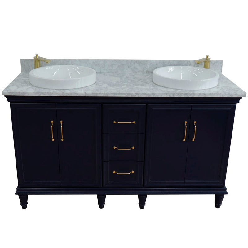 Bellaterra Home 400800-61D-BU-WMRD Forli 61" vanity, Blue, White Carrara marble top, front view on a white background
