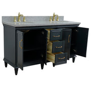Bellaterra Home 400800-61D-DG-GYO Forli 61" vanity, Dark Gray, gray granite top, angled view with doors open showing the
