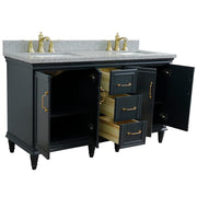 Bellaterra Home 400800-61D-DG-GYR Forli 61" vanity, Dark Gray, gray granite top, angled view with doors open showing the