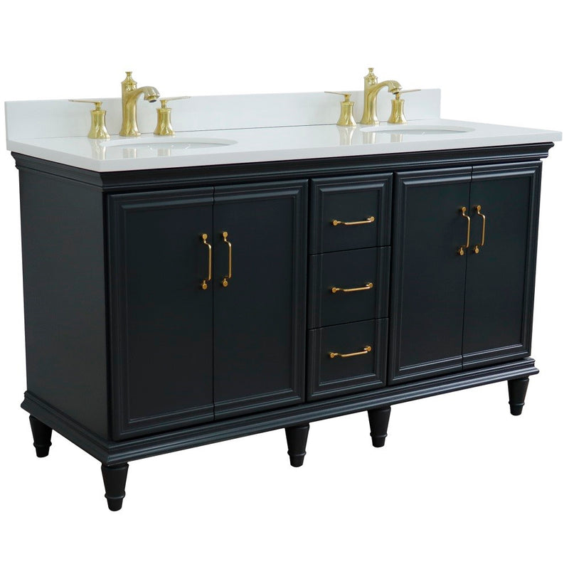 Bellaterra Home 400800-61D-DG-WEO Forli 61" vanity, Dark Gray, white engineered stone top, angled view with doors closed