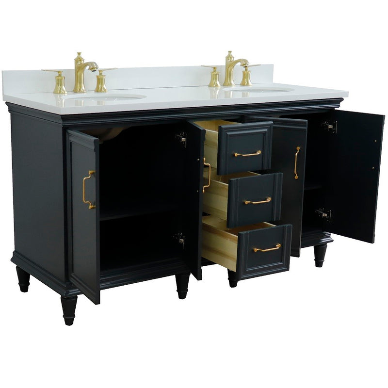 Bellaterra Home 400800-61D-DG-WEO Forli 61" vanity, Dark Gray, white engineered stone top, angled view with doors open