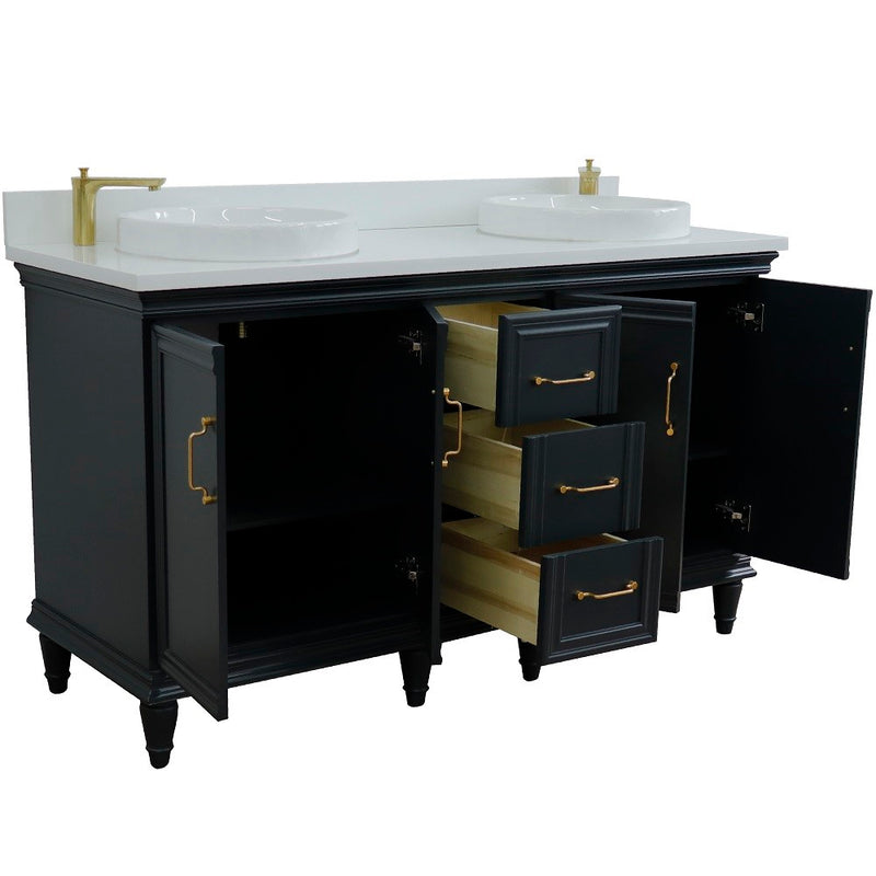 Bellaterra Home 400800-61D-DG-WERD Forli 61" vanity, Dark Gray, white engineered stone top, angled view with doors open