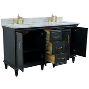 Bellaterra Home 400800-61D-DG-WMO Forli 61" vanity, Dark Gray, White Carrara marble top, angled view with doors open showing