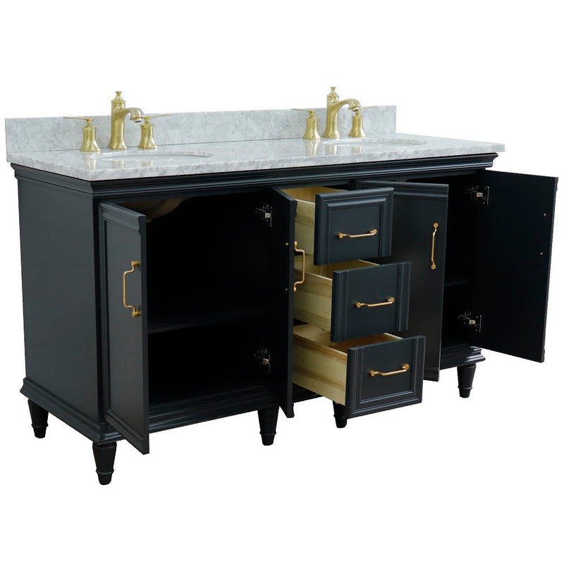 Bellaterra Home 400800-61D-DG-WMO Forli 61" vanity, Dark Gray, White Carrara marble top, angled view with doors open showing