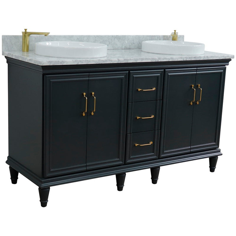 Bellaterra Home 400800-61D-DG-WMRD Forli 61" vanity, Dark Gray, White Carrara marble top, angled view with doors closed