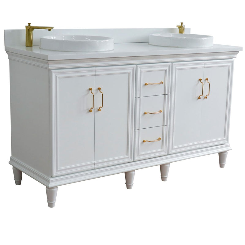 Bellaterra Home 400800-61D-WH-WERD Forli 61" vanity, White, white engineered stone top, angled view with doors closed