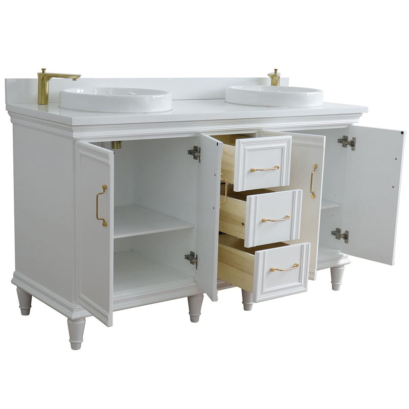 Bellaterra Home 400800-61D-WH-WERD Forli 61" vanity, White, white engineered stone top, angled view with doors open showing
