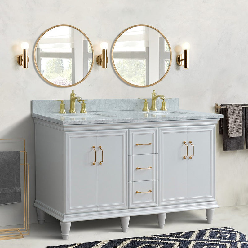 Bellaterra Home 400800-61D-WH-WMR Forli 61" vanity, White, White Carrara marble top, installed in a bathroom