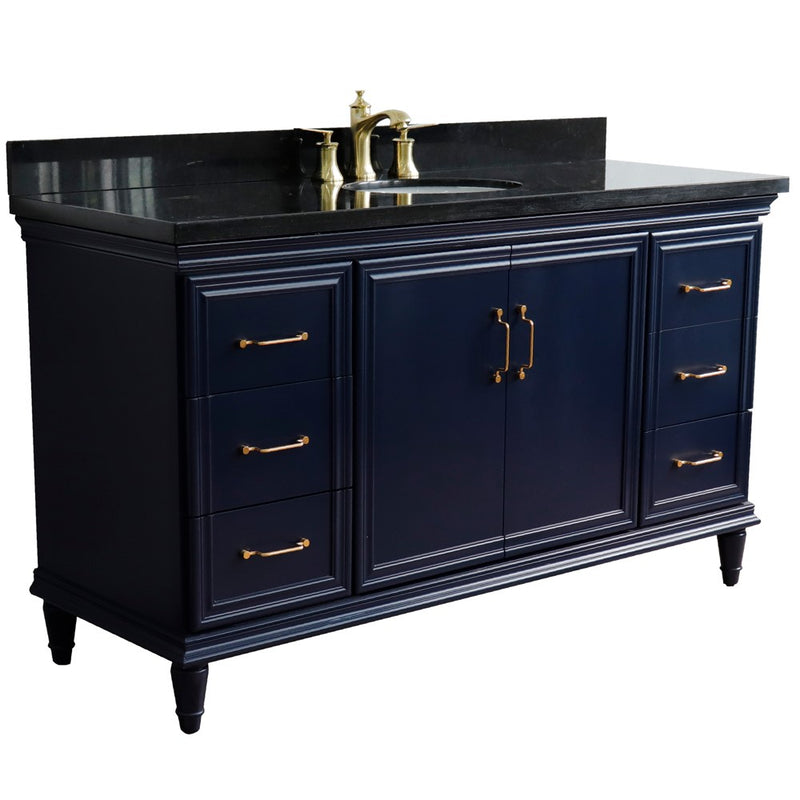 Bellaterra Home 400800-61S-BU-BGO Forli 61" vanity, Blue, Black Galaxy granite top, angled view with doors closed