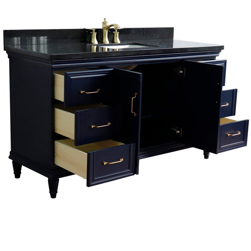 Bellaterra Home 400800-61S-BU-BGR Forli 61" vanity, Blue, Black Galaxy granite top, angled view with doors open showing the