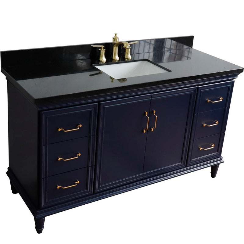 Bellaterra Home 400800-61S-BU-BGR Forli 61" vanity, Blue, Black Galaxy granite top, angled view on a white background