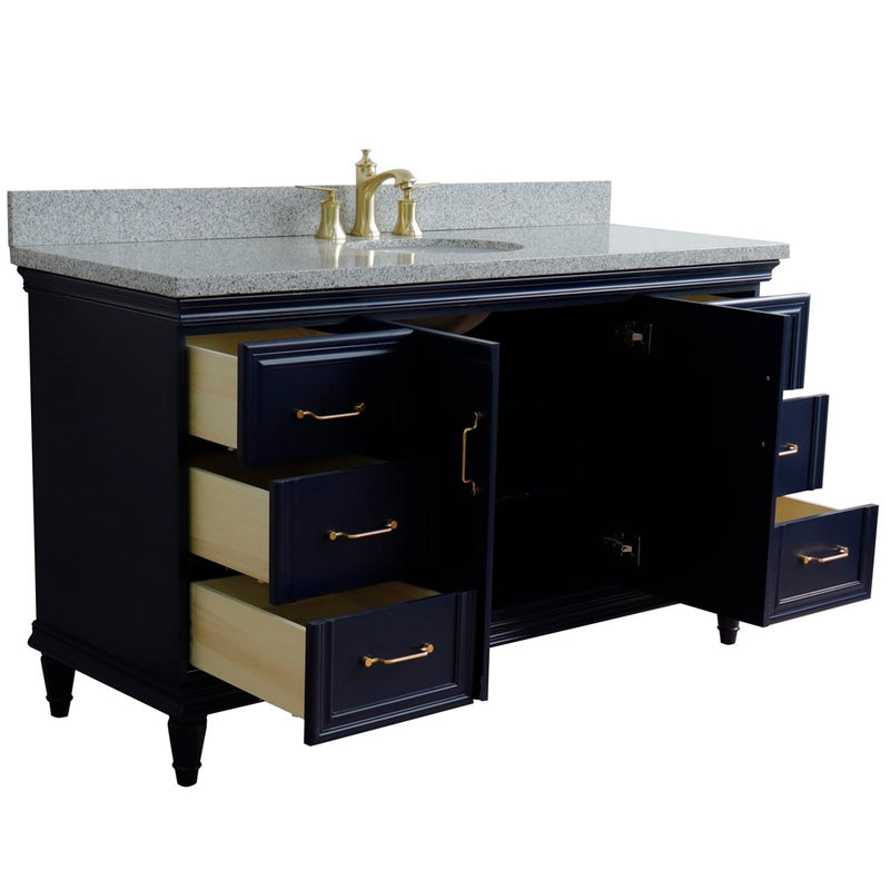 Bellaterra Home 400800-61S-BU-GYO Forli 61" vanity, Blue, gray granite top, angled view with doors open showing the shelf