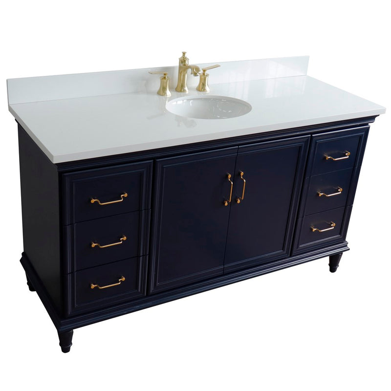 Bellaterra Home 400800-61S-BU-WEO Forli 61" vanity, Blue, white engineered stone top, angled view on a white background