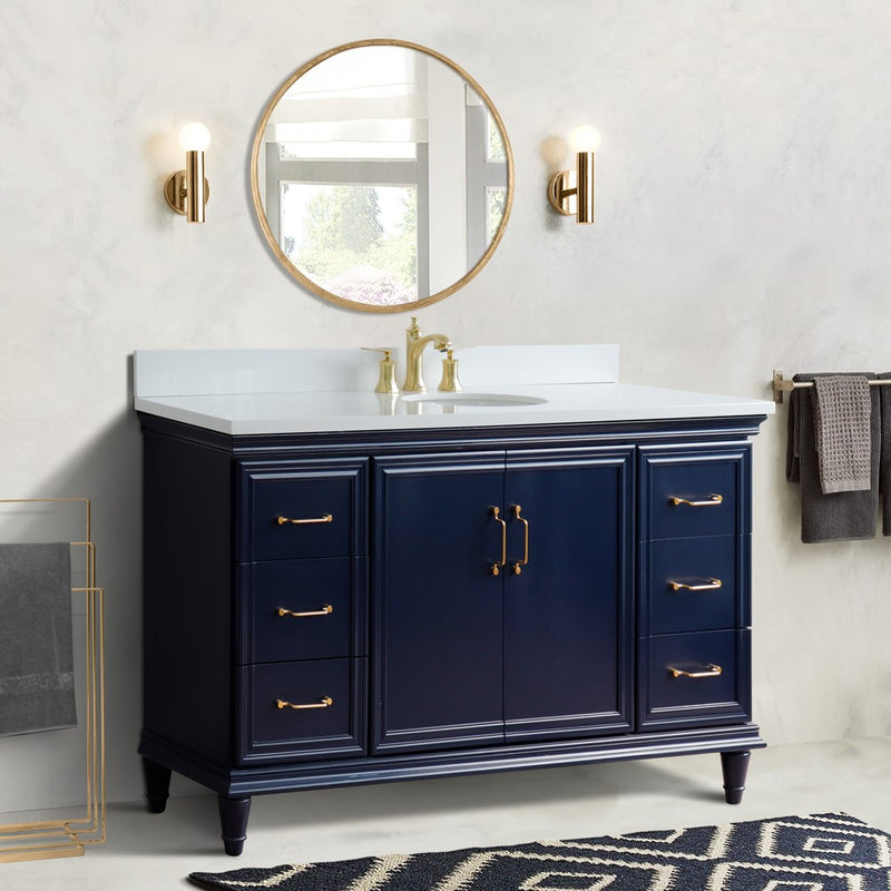Bellaterra Home 400800-61S-BU-WEO Forli 61" vanity, Blue, white engineered stone top, installed in a bathroom