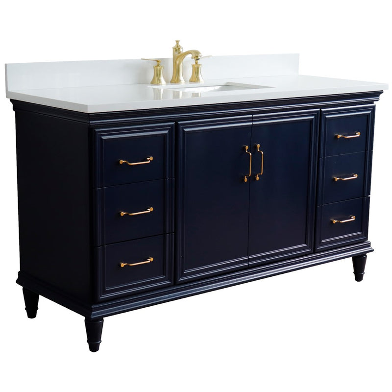 Bellaterra Home 400800-61S-BU-WER Forli 61" vanity, Blue, white engineered stone top, angled view with doors closed