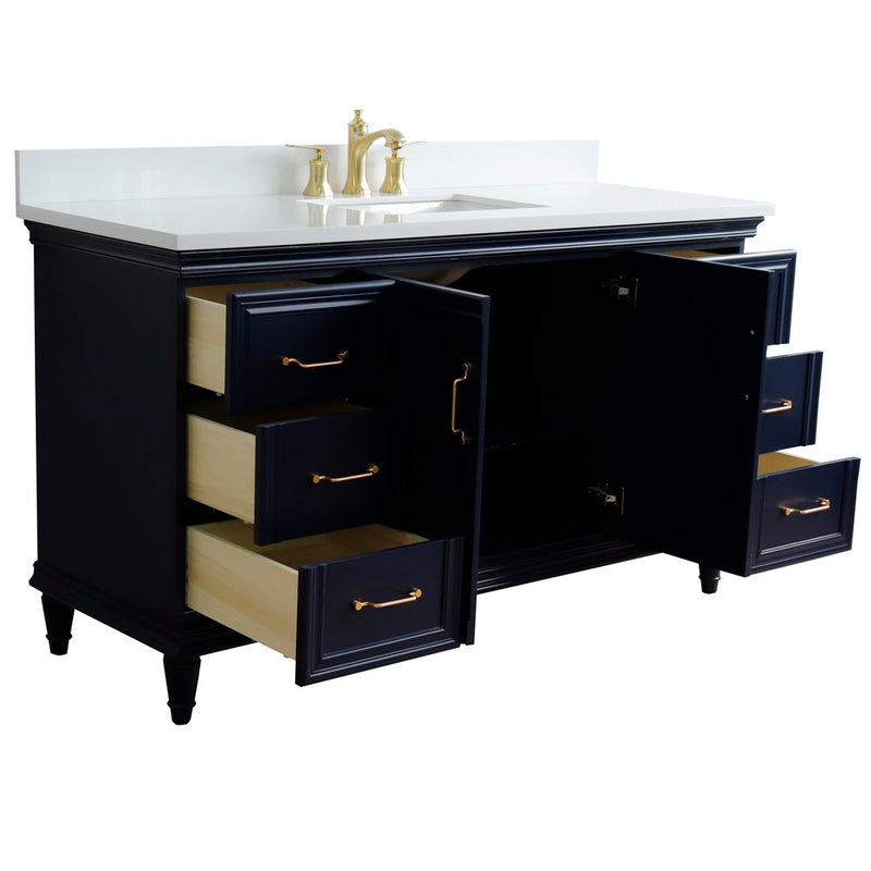 Bellaterra Home 400800-61S-BU-WER Forli 61" vanity, Blue, white engineered stone top, angled view with doors open showing