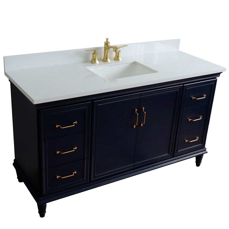 Bellaterra Home 400800-61S-BU-WER Forli 61" vanity, Blue, white engineered stone top, angled view on a white background
