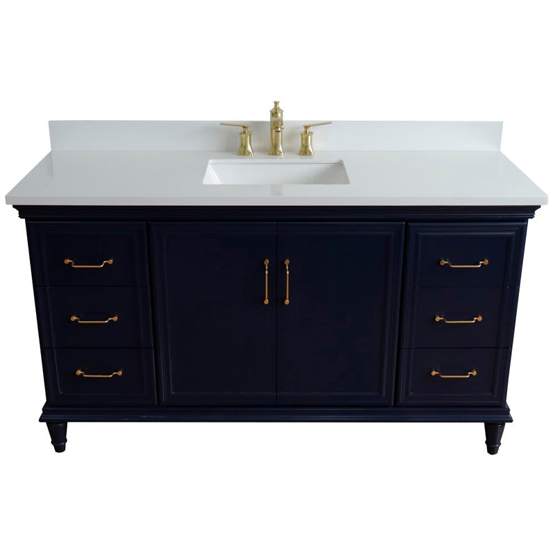 Bellaterra Home 400800-61S-BU-WER Forli 61" vanity, Blue, white engineered stone top, front view on a white background
