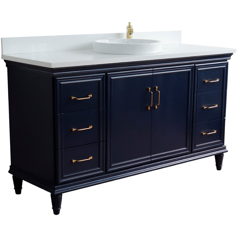 Bellaterra Home 400800-61S-BU-WERD Forli 61" vanity, Blue, white engineered stone top, angled view with doors closed