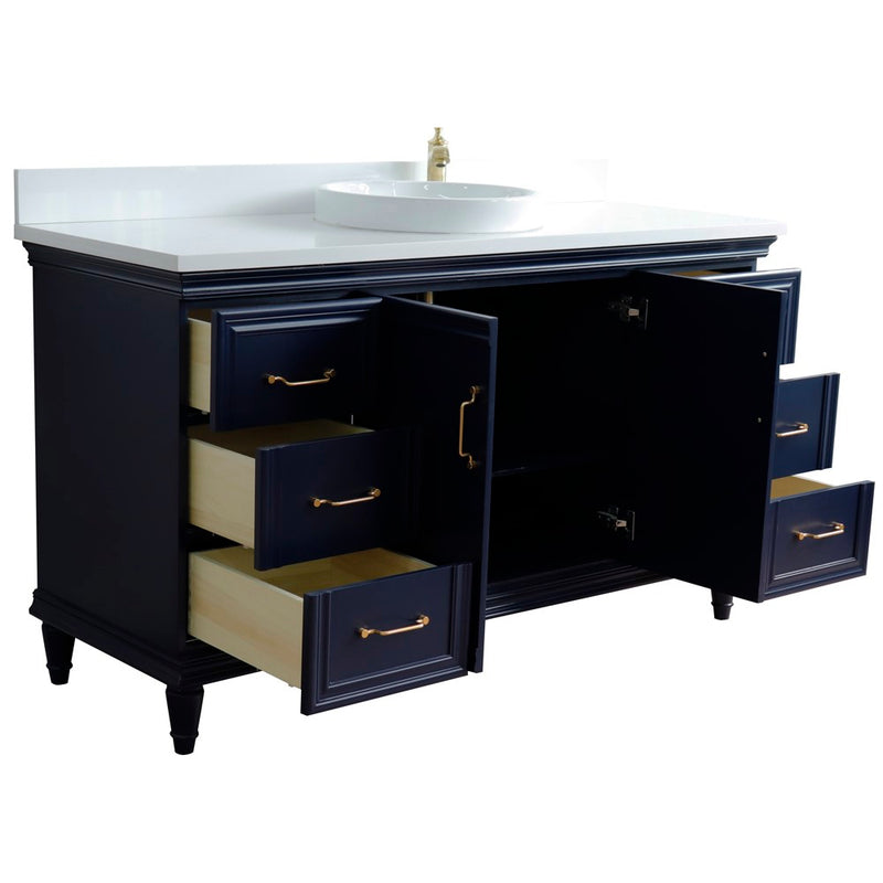 Bellaterra Home 400800-61S-BU-WERD Forli 61" vanity, Blue, white engineered stone top, angled view with doors open showing
