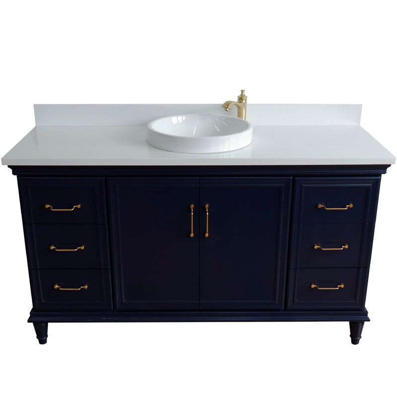 Bellaterra Home 400800-61S-BU-WERD Forli 61" vanity, Blue, white engineered stone top, front view on a white background