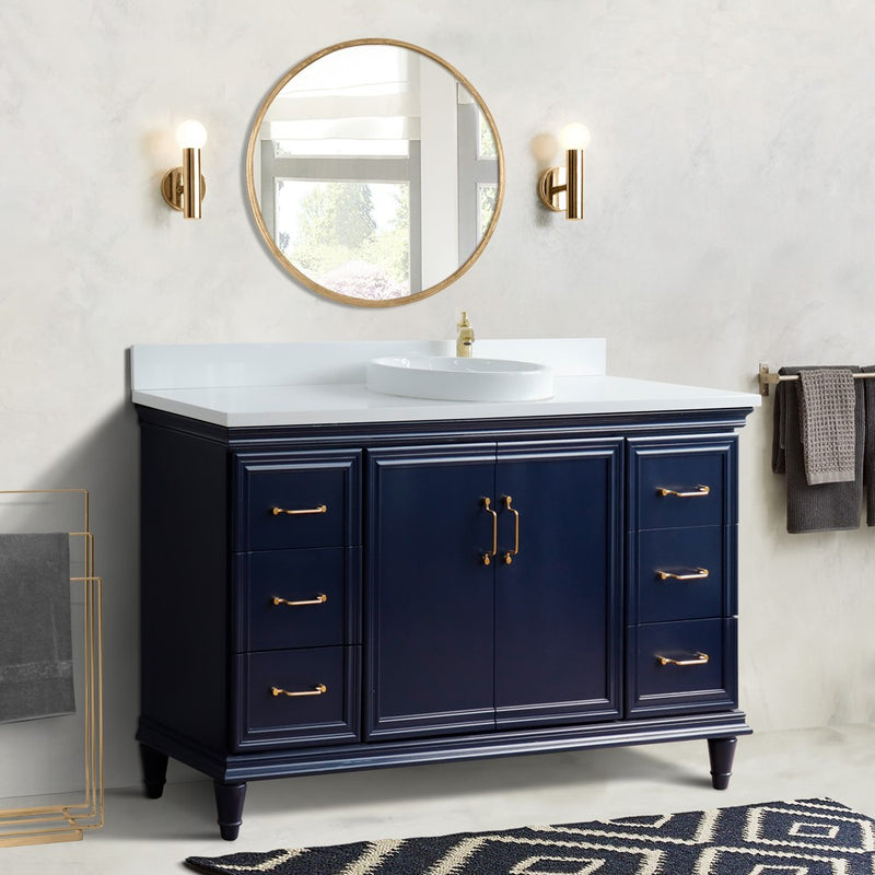 Bellaterra Home 400800-61S-BU-WERD Forli 61" vanity, Blue, white engineered stone top, installed in a bathroom