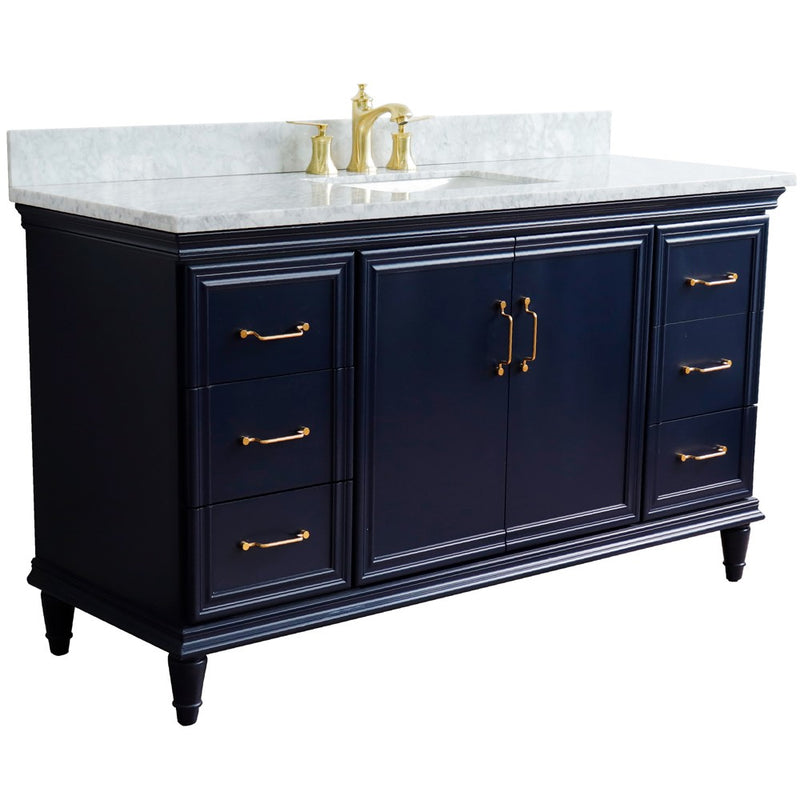 Bellaterra Home 400800-61S-BU-WMR Forli 61" vanity, Blue, White Carrara marble top, angled view with doors closed